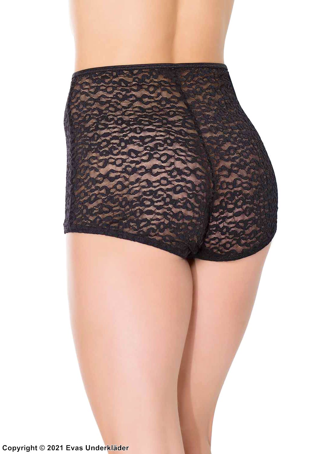 Romantische Boyshort-Höschen, Spitze, hohe Taille, Front-Reißverschluss, Leopard